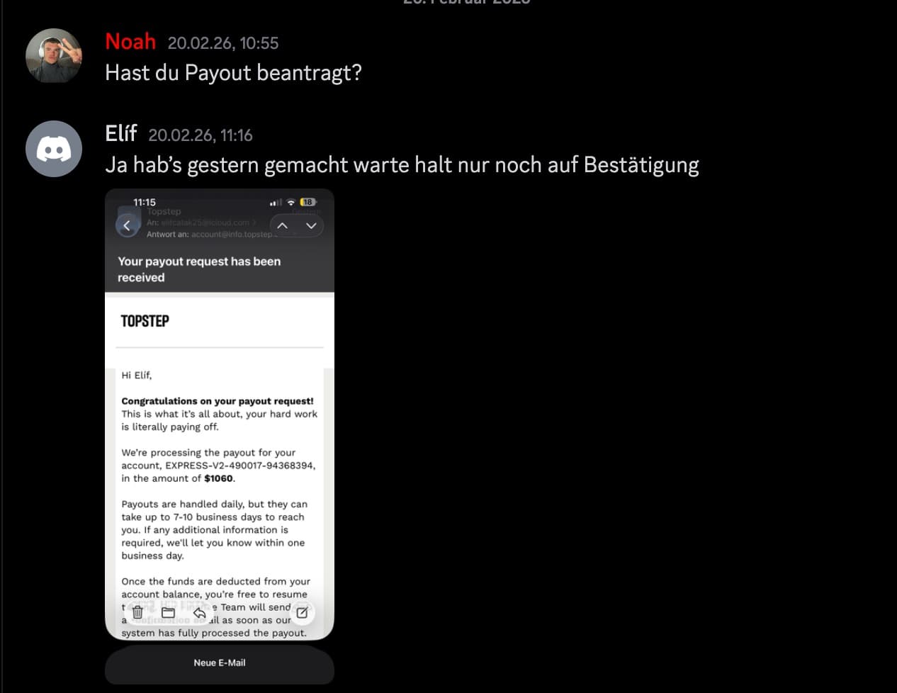 E-Mail von Topstep: Payout-Antrag über 1.060 $ eingegangen, geteilt im Discord am 20. Februar 2026.