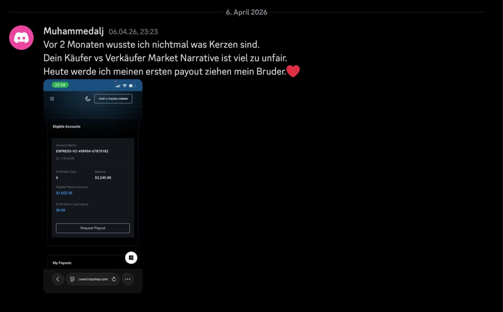 Topstep-Konto mit auszahlbaren 1.622,50 $ kurz vor dem ersten Payout, geteilt im Discord am 6. April 2026.