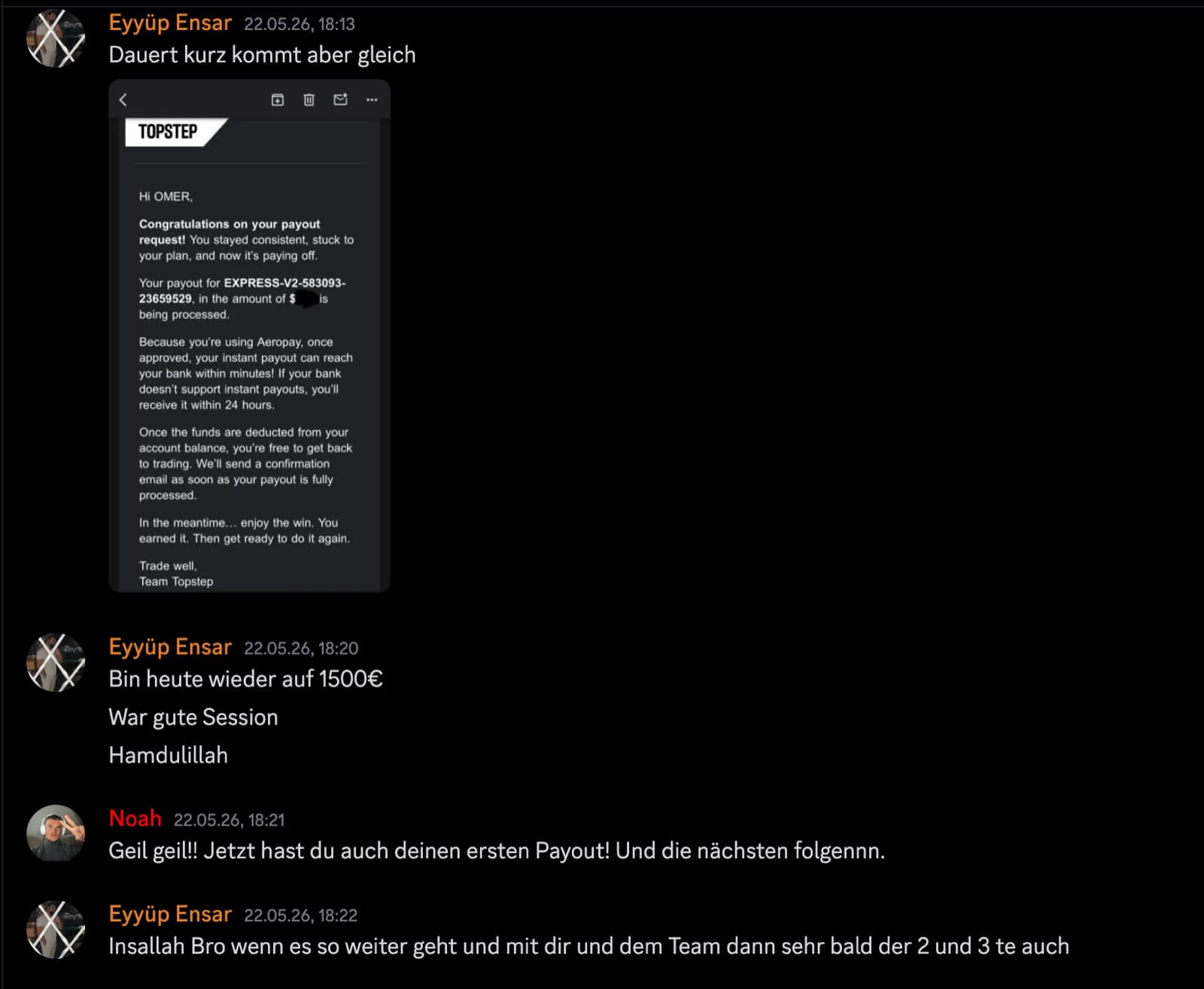 E-Mail von Topstep: Payout-Antrag wird bearbeitet, geteilt im Discord am 22. Mai 2026 – der erste Payout dieses Kunden.