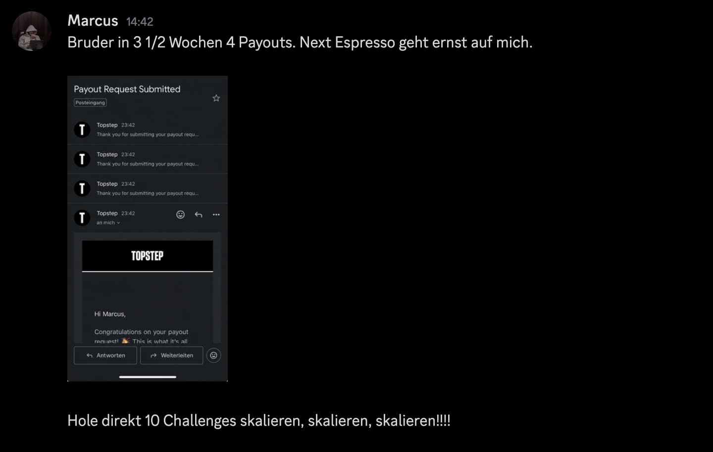 Vier Topstep-Mails „Payout Request Submitted“ – vier Payouts in dreieinhalb Wochen, geteilt im Discord.