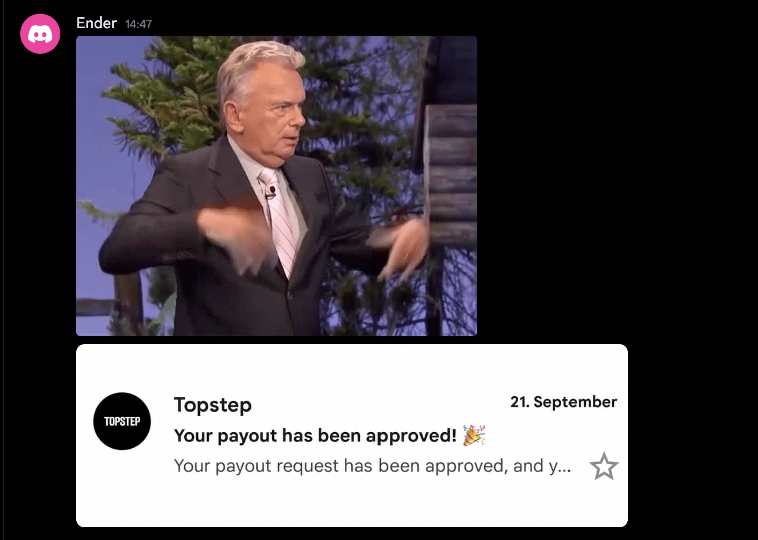 E-Mail von Topstep „Your payout has been approved“ vom 21. September, geteilt im Discord.