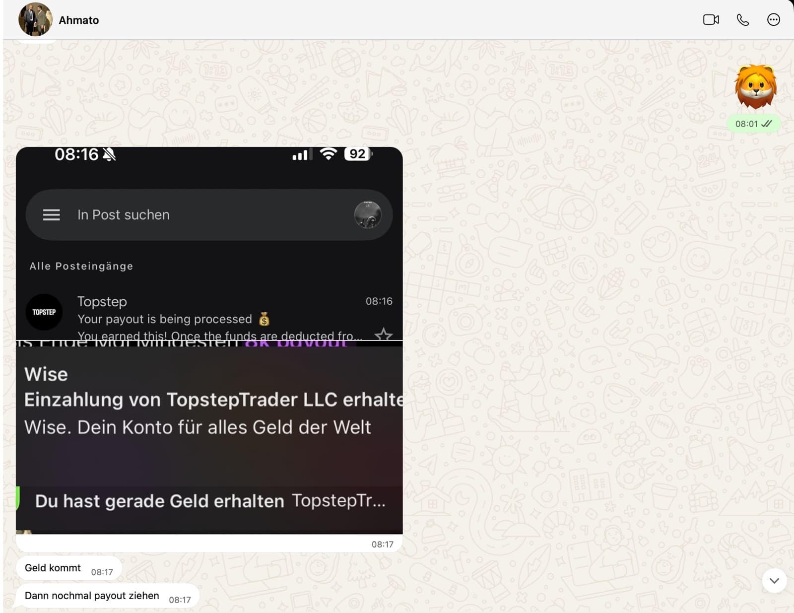 Topstep-Mail „Your payout is being processed“ und Wise-Gutschrift von TopstepTrader LLC, per WhatsApp geschickt.